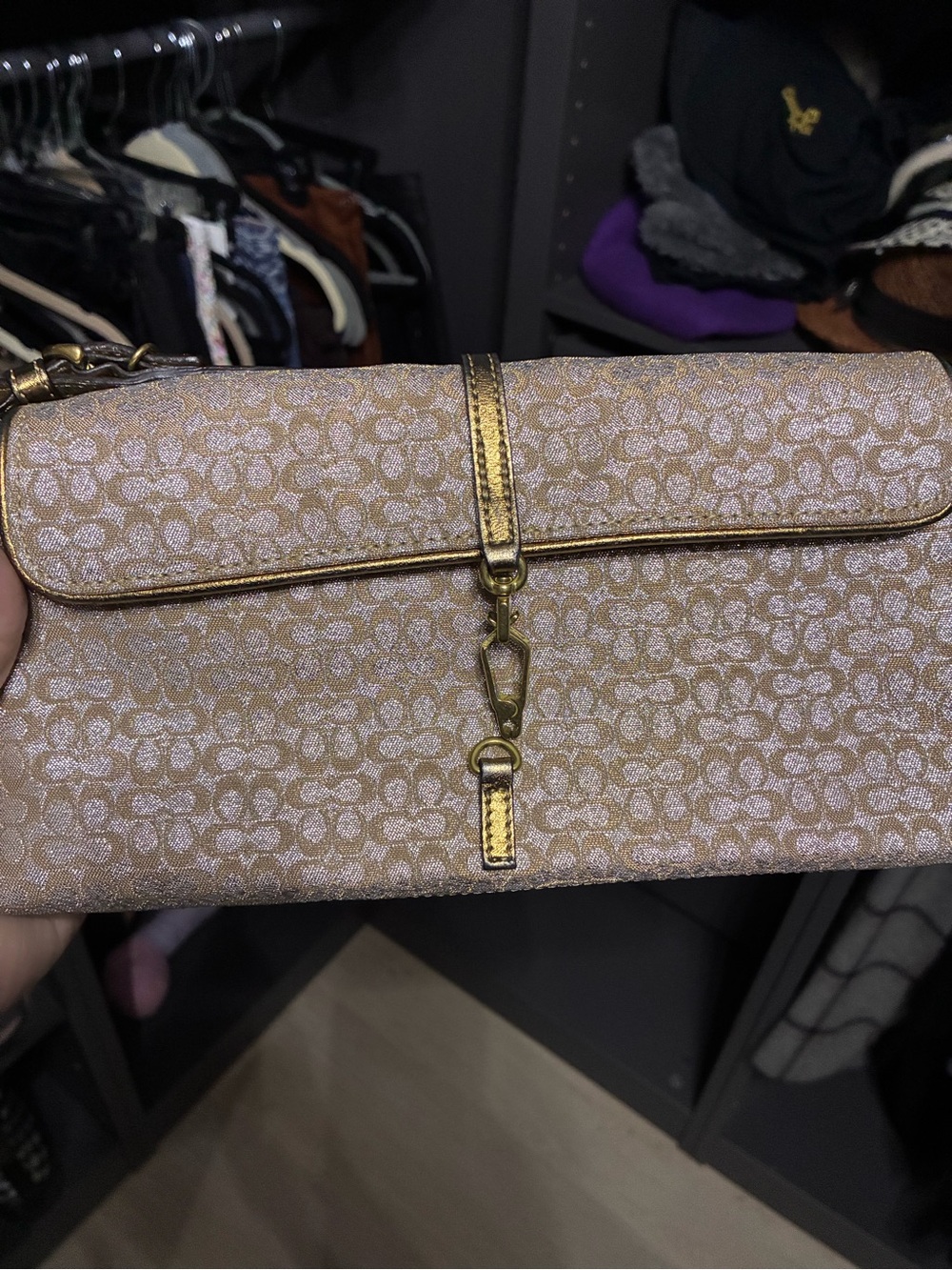 Coach Signature Clutch in Metallic Tan and Gold